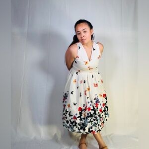 Chic White Midi Dress with Colorful Butterfly Design